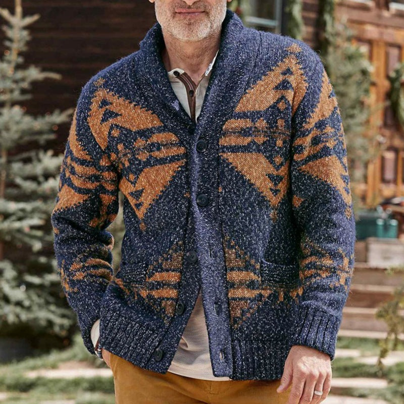 Wool Jacquard Long Sleeved Cardigan Sweater Coat
