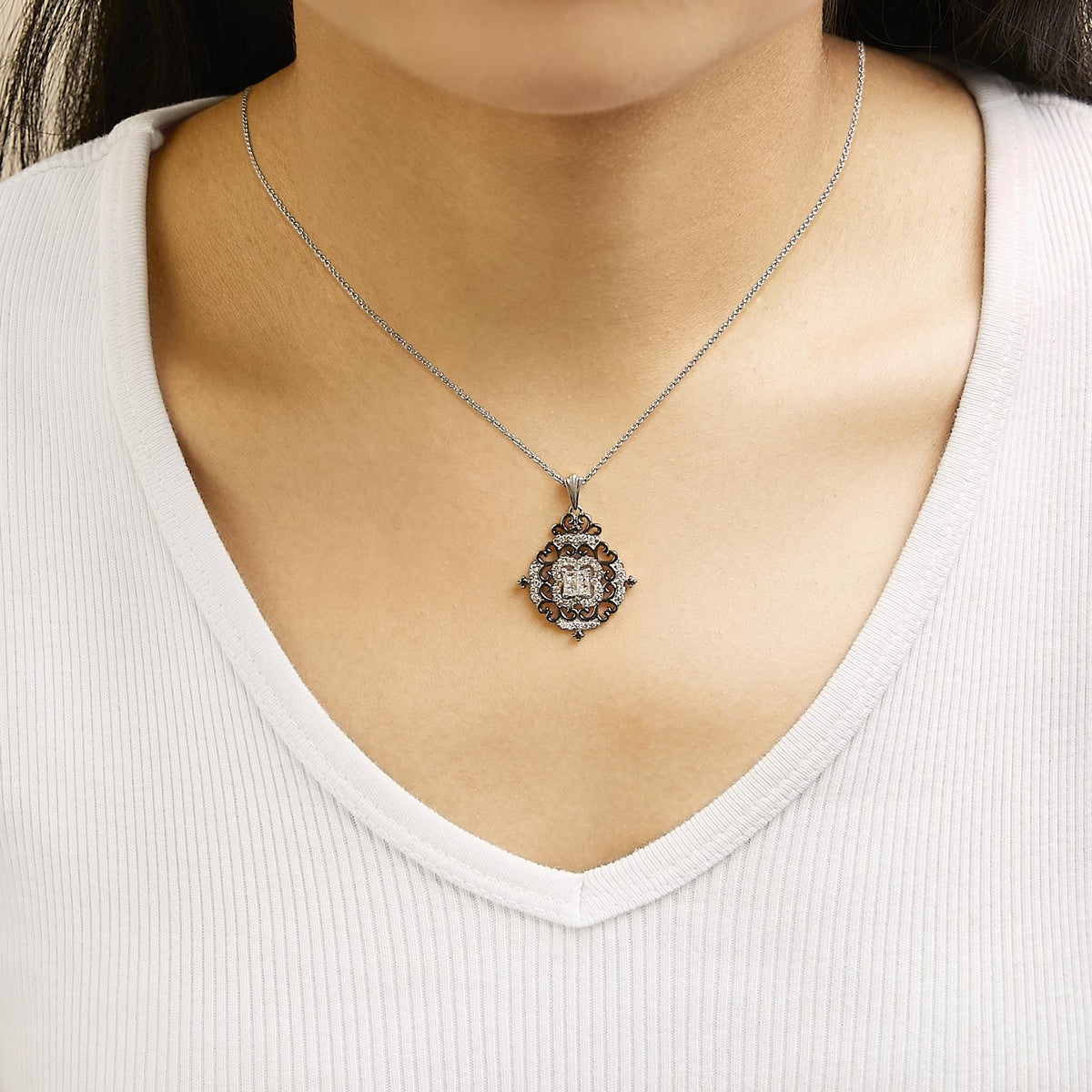 Black Rhodium Plated Sterling Silver 3/4 Cttw Diamond Ornate Medallion Pendant Necklace