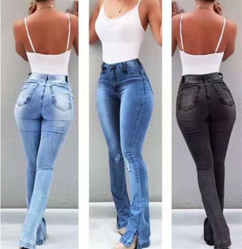 Women's Slim Fit Ripped Flare Jeans, Long Pants