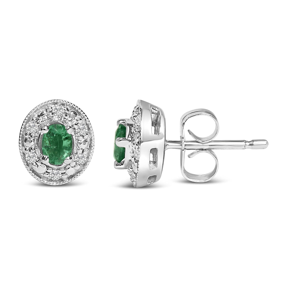 14K White Gold Oval Green Emerald and 1/10 Cttw Diamond Halo Stud Earrings  (I-J Color, I1-I2 Clarity)