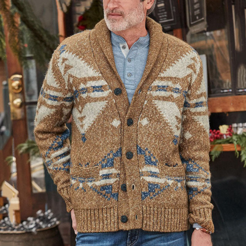 Wool Jacquard Long Sleeved Cardigan Sweater Coat