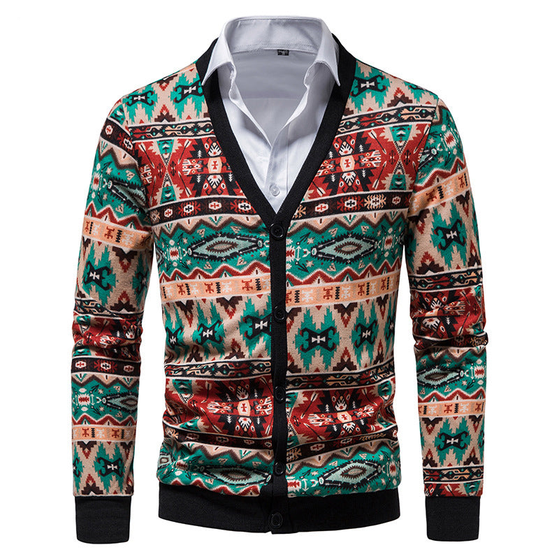 Vintage Pattern Slim Fit Cashmere Cardigan for Men