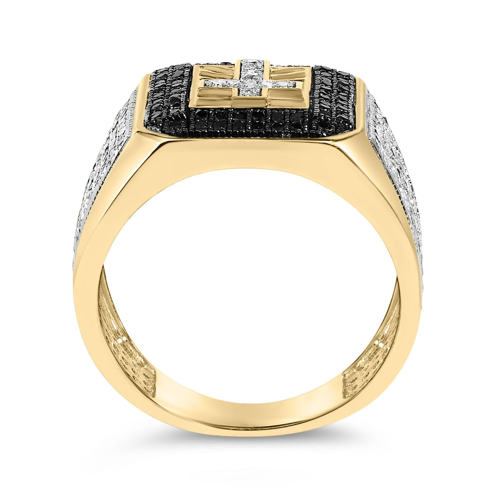Men's 10K Yellow Gold 1 1/2 Cttw White and Black Diamond Cross Signet Ring
