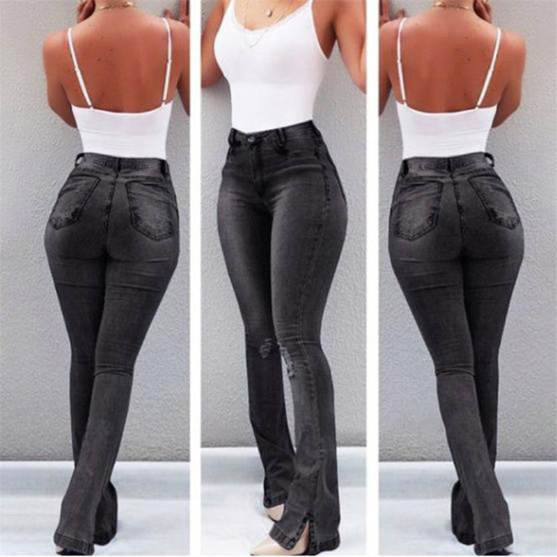 Women's Slim Fit Ripped Flare Jeans, Long Pants