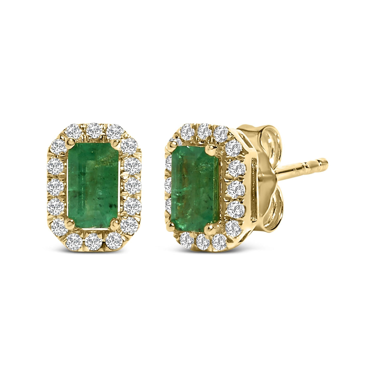 14K Yellow Gold Green Emerald and 1/8 Cttw Diamond Halo Octagonal Shaped Stud Earrings  (I-J Color, I1-I2 Clarity)