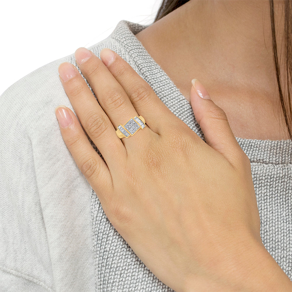 14K Yellow Gold 1 5/8 Cttw Invisible-Set Princess and Baguette Diamond Cocktail Band Ring