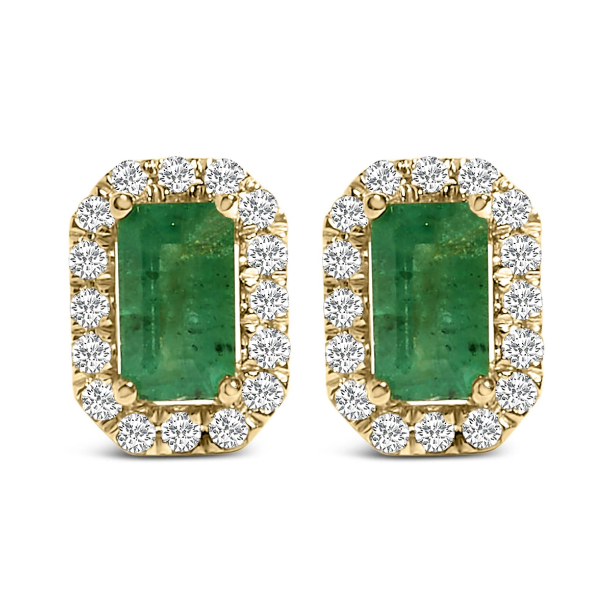 14K Yellow Gold Green Emerald and 1/8 Cttw Diamond Halo Octagonal Shaped Stud Earrings  (I-J Color, I1-I2 Clarity)