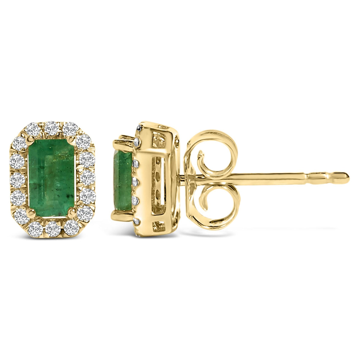 14K Yellow Gold Green Emerald and 1/8 Cttw Diamond Halo Octagonal Shaped Stud Earrings  (I-J Color, I1-I2 Clarity)