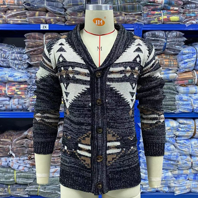 Wool Jacquard Long Sleeved Cardigan Sweater Coat