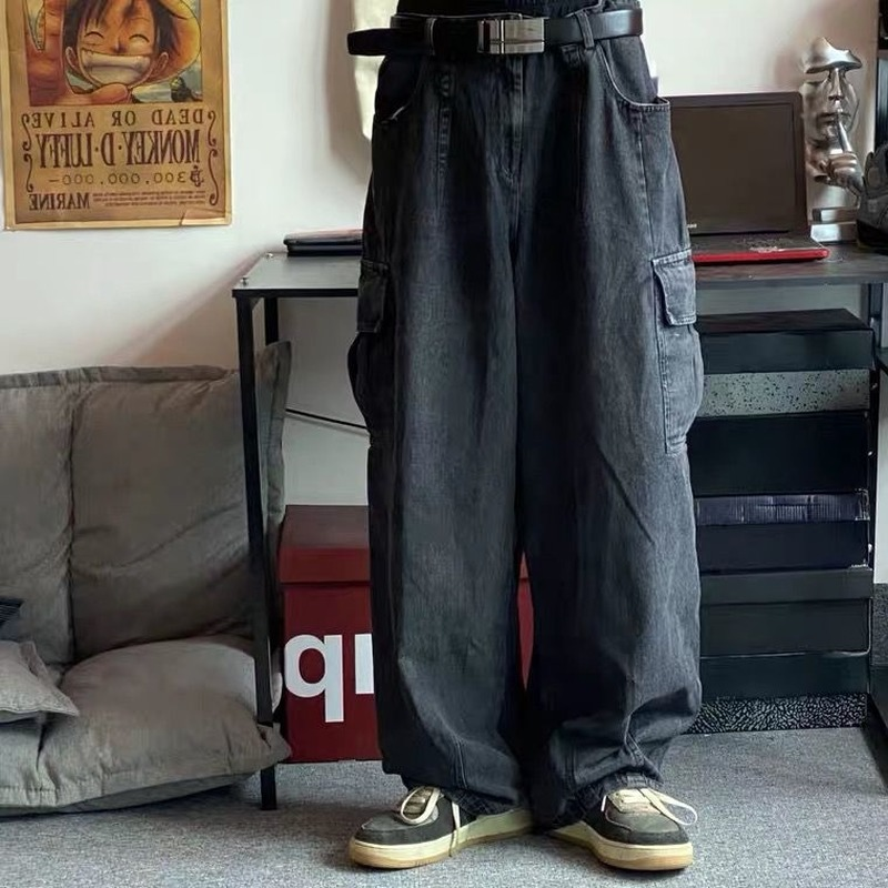 Loose Black Wide Leg Men's Jeans - Large Size Streetwear