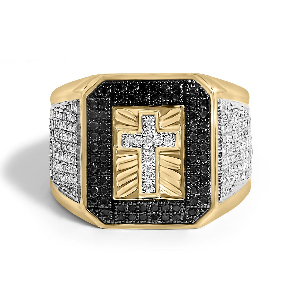 Men's 10K Yellow Gold 1 1/2 Cttw White and Black Diamond Cross Signet Ring