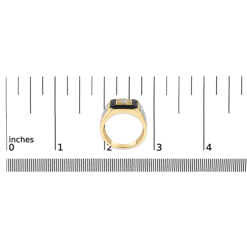 Men's 10K Yellow Gold 1 1/2 Cttw White and Black Diamond Cross Signet Ring