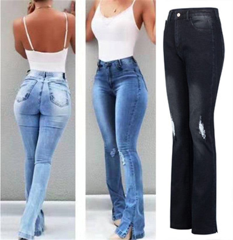 Women's Slim Fit Ripped Flare Jeans, Long Pants